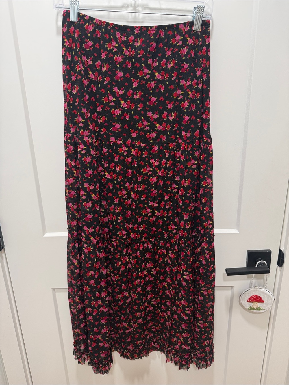 90s Black Floral Maxi Skirt with Pink & Red Blossoms (sheer bottom of skirt)